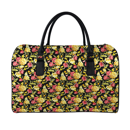 Red And Yellow Flowers Print Leather Duffle Bag