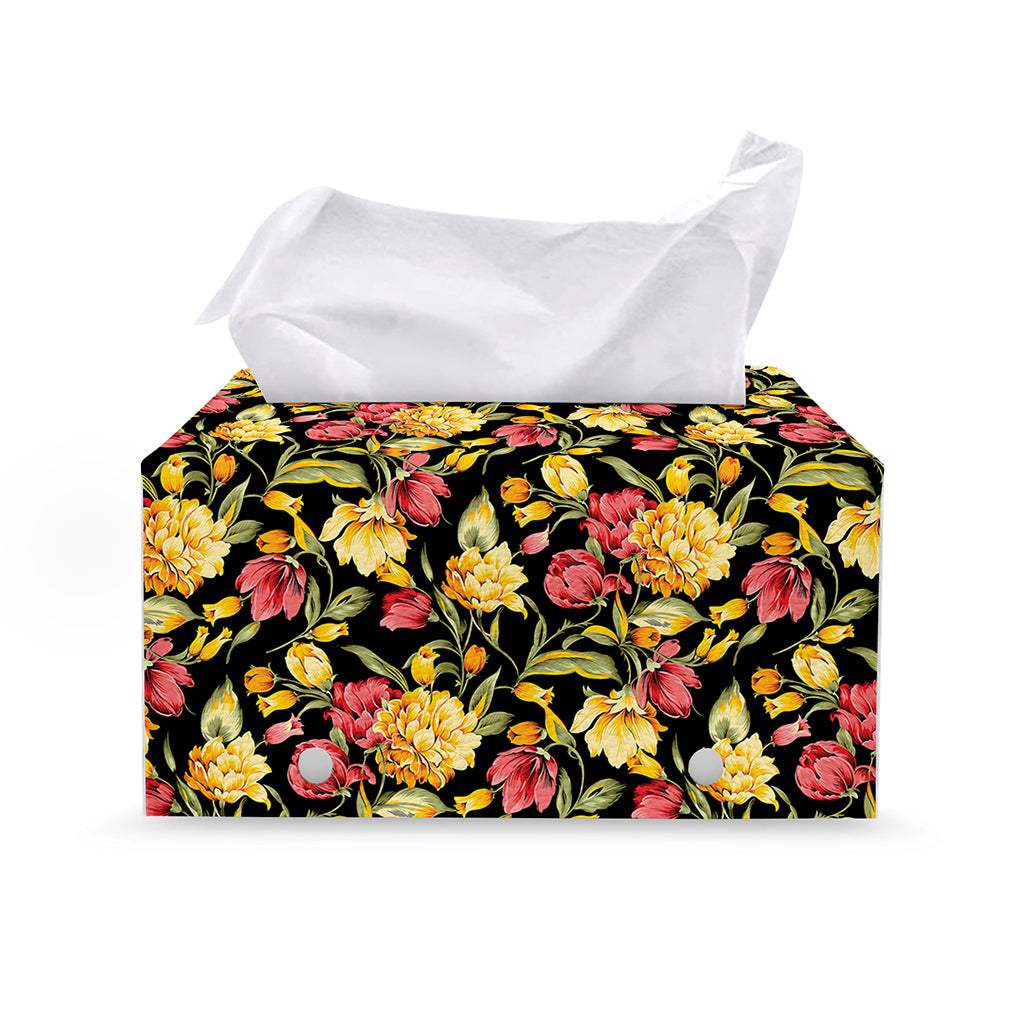 Red And Yellow Flowers Print Leather Tissue Box Cover
