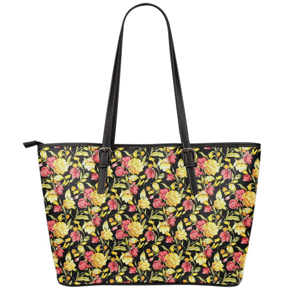Red And Yellow Flowers Print Leather Tote Bag