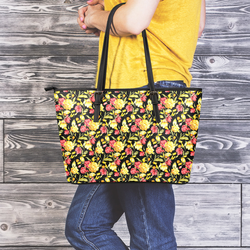 Red And Yellow Flowers Print Leather Tote Bag