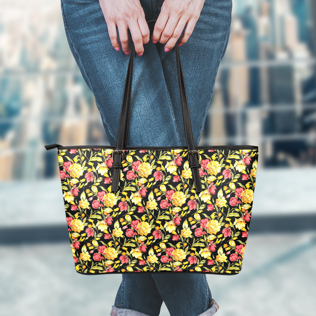Red And Yellow Flowers Print Leather Tote Bag