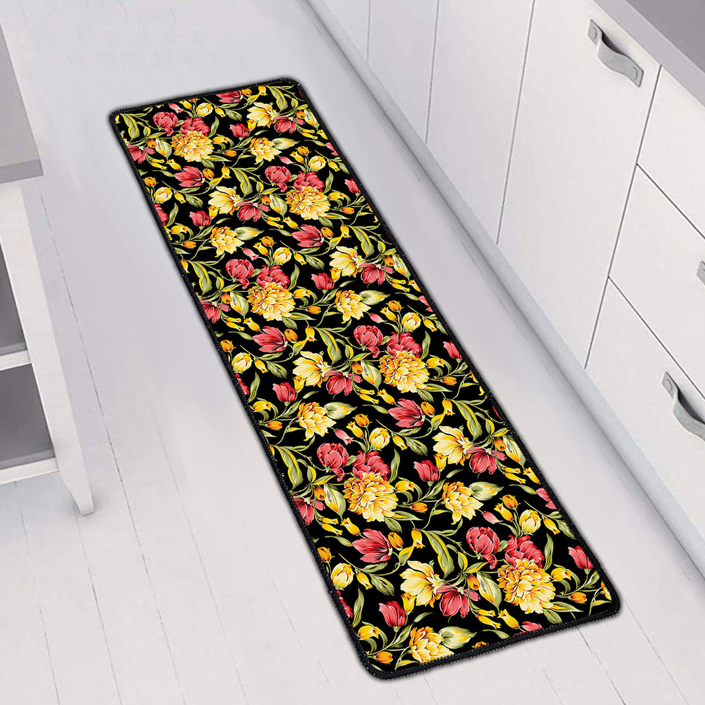 Red And Yellow Flowers Print Long Kitchen Mat