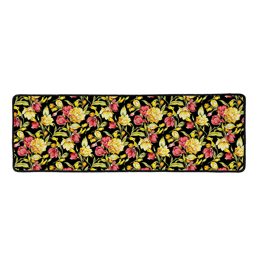 Red And Yellow Flowers Print Long Kitchen Mat
