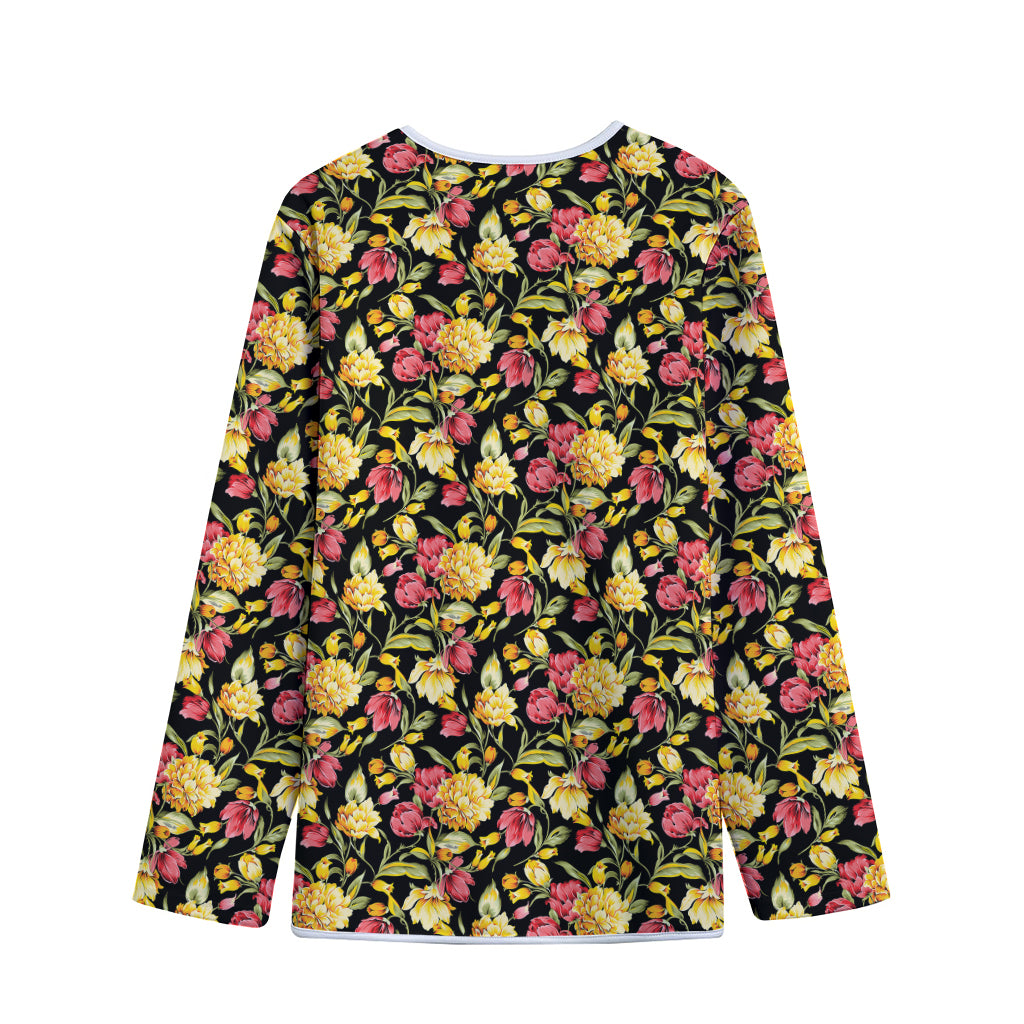 Red And Yellow Flowers Print Long Sleeve Short Coat