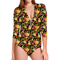 Red And Yellow Flowers Print Long Sleeve Swimsuit