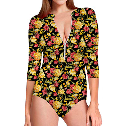 Red And Yellow Flowers Print Long Sleeve Swimsuit