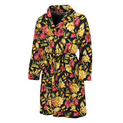 Red And Yellow Flowers Print Men's Bathrobe