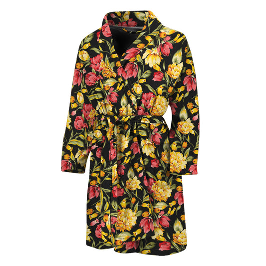 Red And Yellow Flowers Print Men's Bathrobe