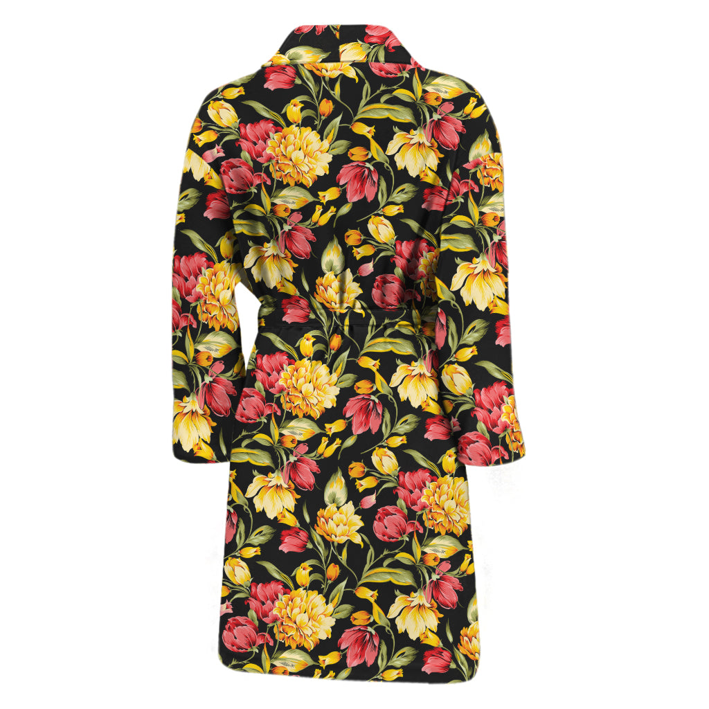Red And Yellow Flowers Print Men's Bathrobe