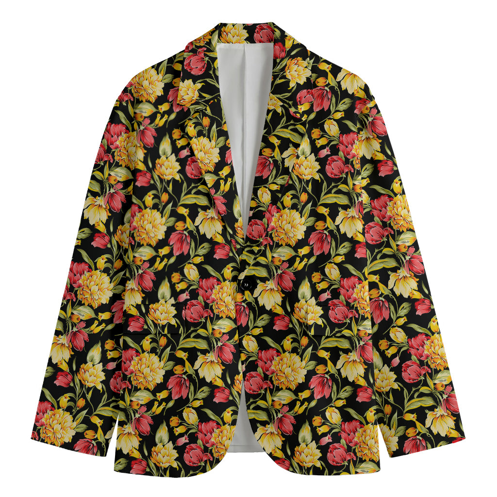 Red And Yellow Flowers Print Men's Blazer