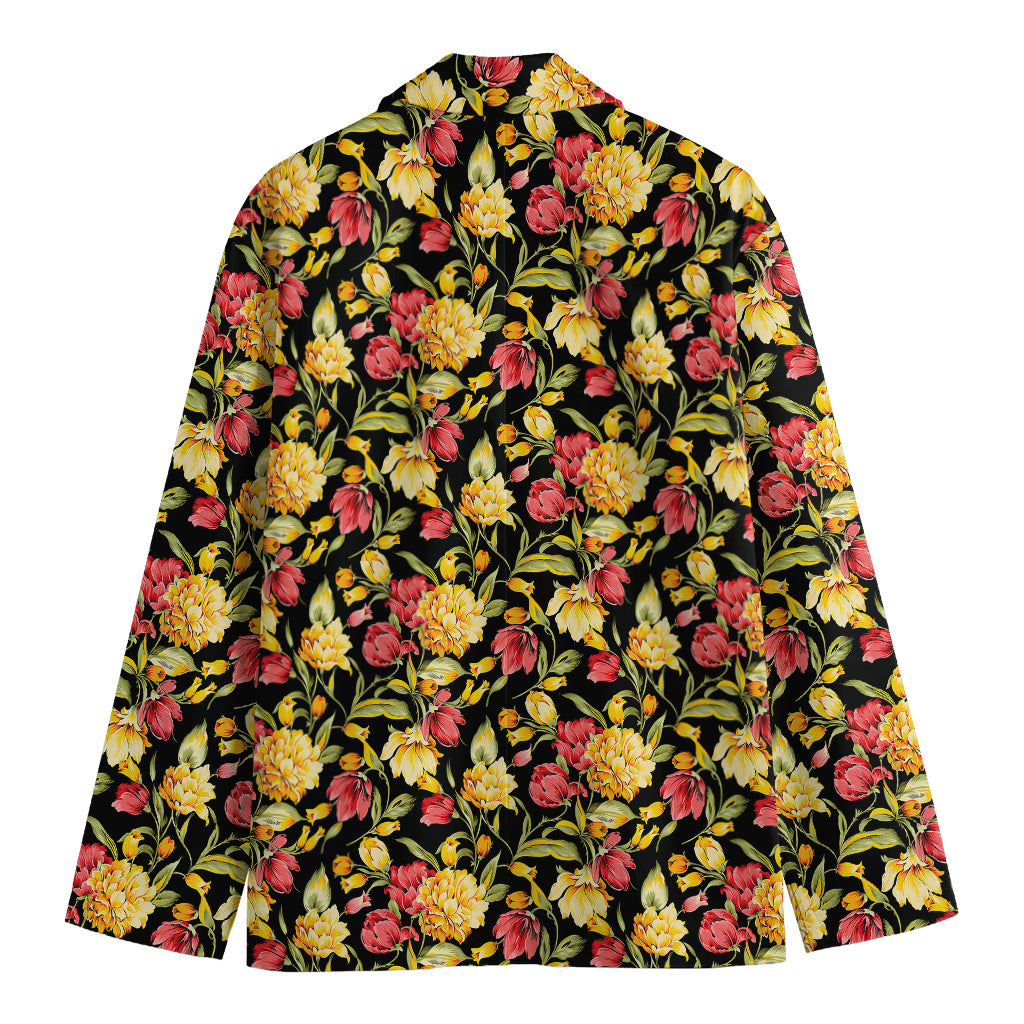 Red And Yellow Flowers Print Men's Blazer
