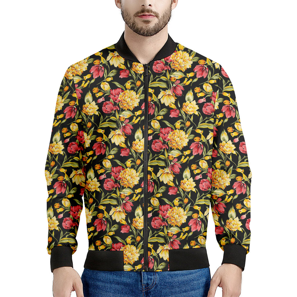 Red And Yellow Flowers Print Men's Bomber Jacket