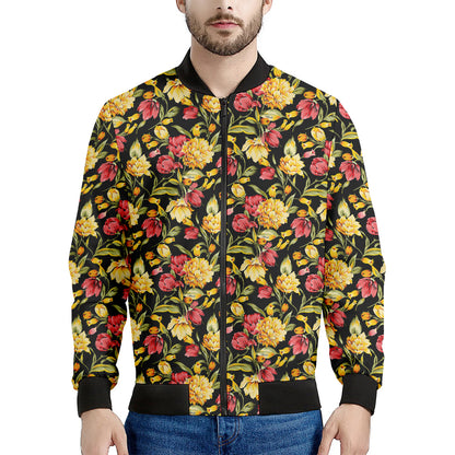 Red And Yellow Flowers Print Men's Bomber Jacket