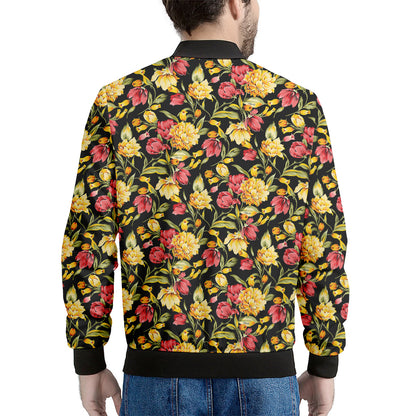 Red And Yellow Flowers Print Men's Bomber Jacket