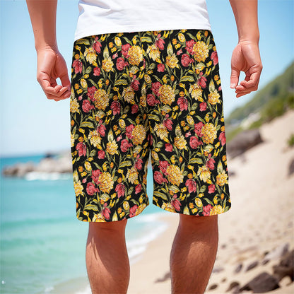 Red And Yellow Flowers Print Men's Cargo Shorts