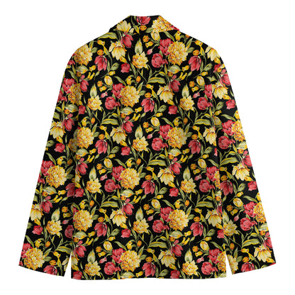 Red And Yellow Flowers Print Men's Cotton Blazer