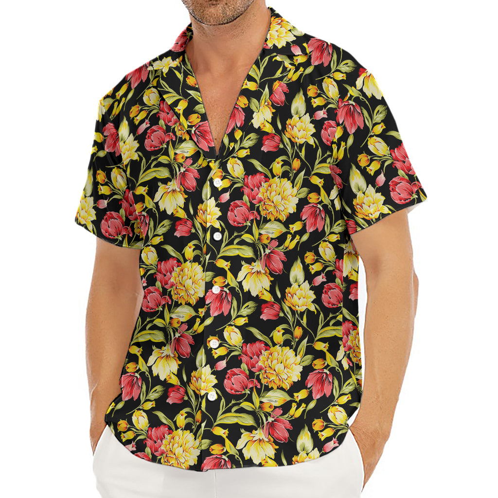 Red And Yellow Flowers Print Men's Deep V-Neck Shirt