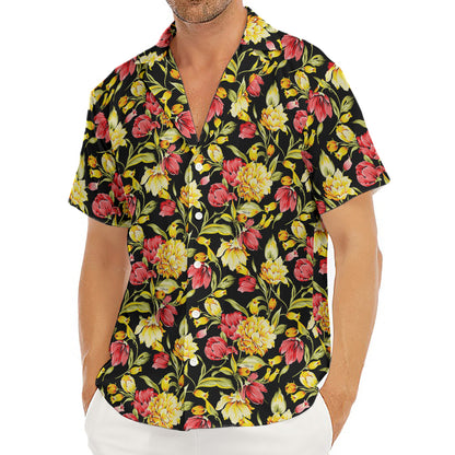 Red And Yellow Flowers Print Men's Deep V-Neck Shirt