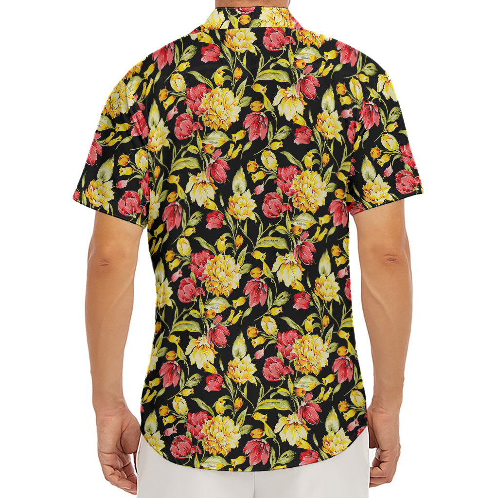 Red And Yellow Flowers Print Men's Deep V-Neck Shirt