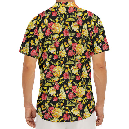 Red And Yellow Flowers Print Men's Deep V-Neck Shirt
