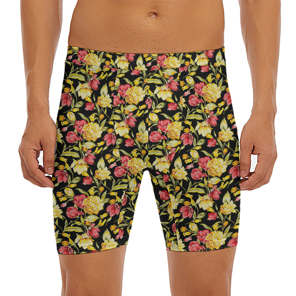Red And Yellow Flowers Print Men's Long Boxer Briefs
