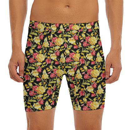 Red And Yellow Flowers Print Men's Long Boxer Briefs