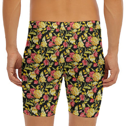 Red And Yellow Flowers Print Men's Long Boxer Briefs