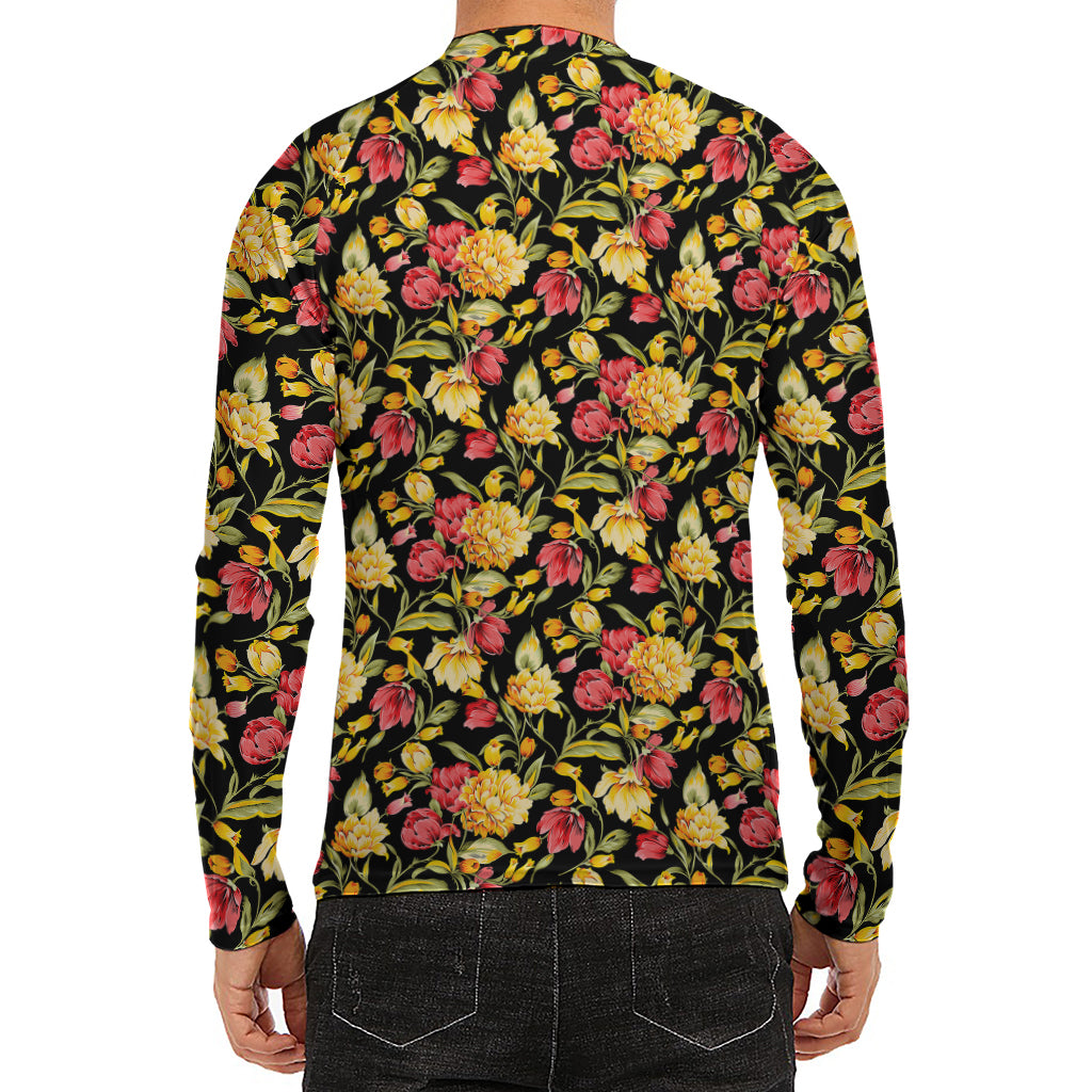 Red And Yellow Flowers Print Men's Long Sleeve Rash Guard