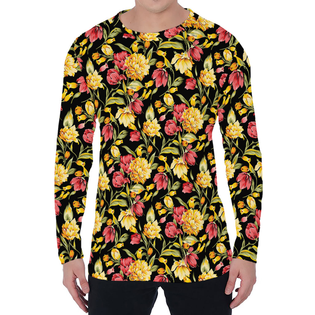 Red And Yellow Flowers Print Men's Long Sleeve T-Shirt