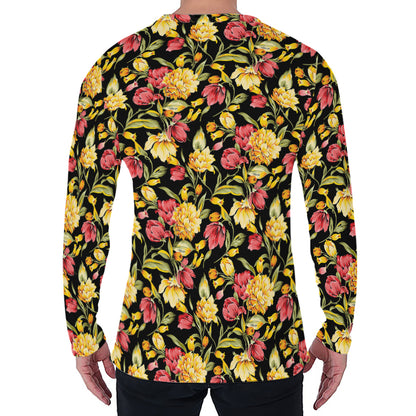 Red And Yellow Flowers Print Men's Long Sleeve T-Shirt