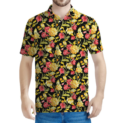 Red And Yellow Flowers Print Men's Polo Shirt