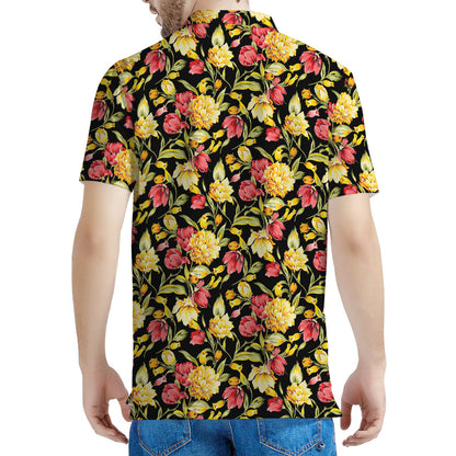 Red And Yellow Flowers Print Men's Polo Shirt