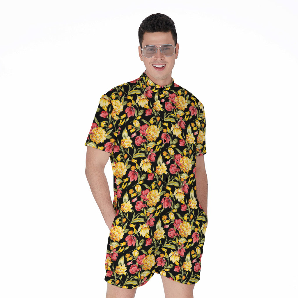 Red And Yellow Flowers Print Men's Rompers