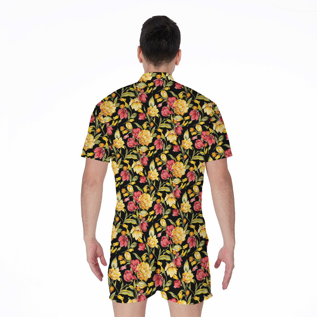 Red And Yellow Flowers Print Men's Rompers