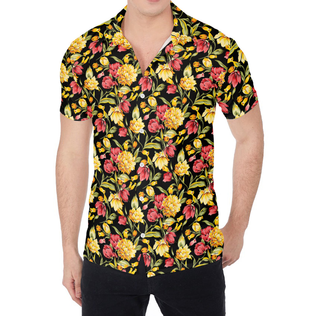 Red And Yellow Flowers Print Men's Shirt