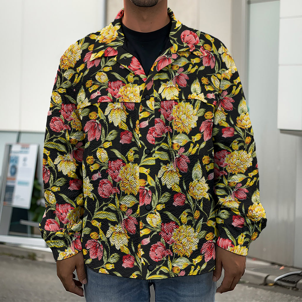 Red And Yellow Flowers Print Men's Shirt Jacket