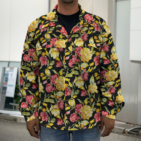 Red And Yellow Flowers Print Men's Shirt Jacket