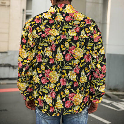Red And Yellow Flowers Print Men's Shirt Jacket
