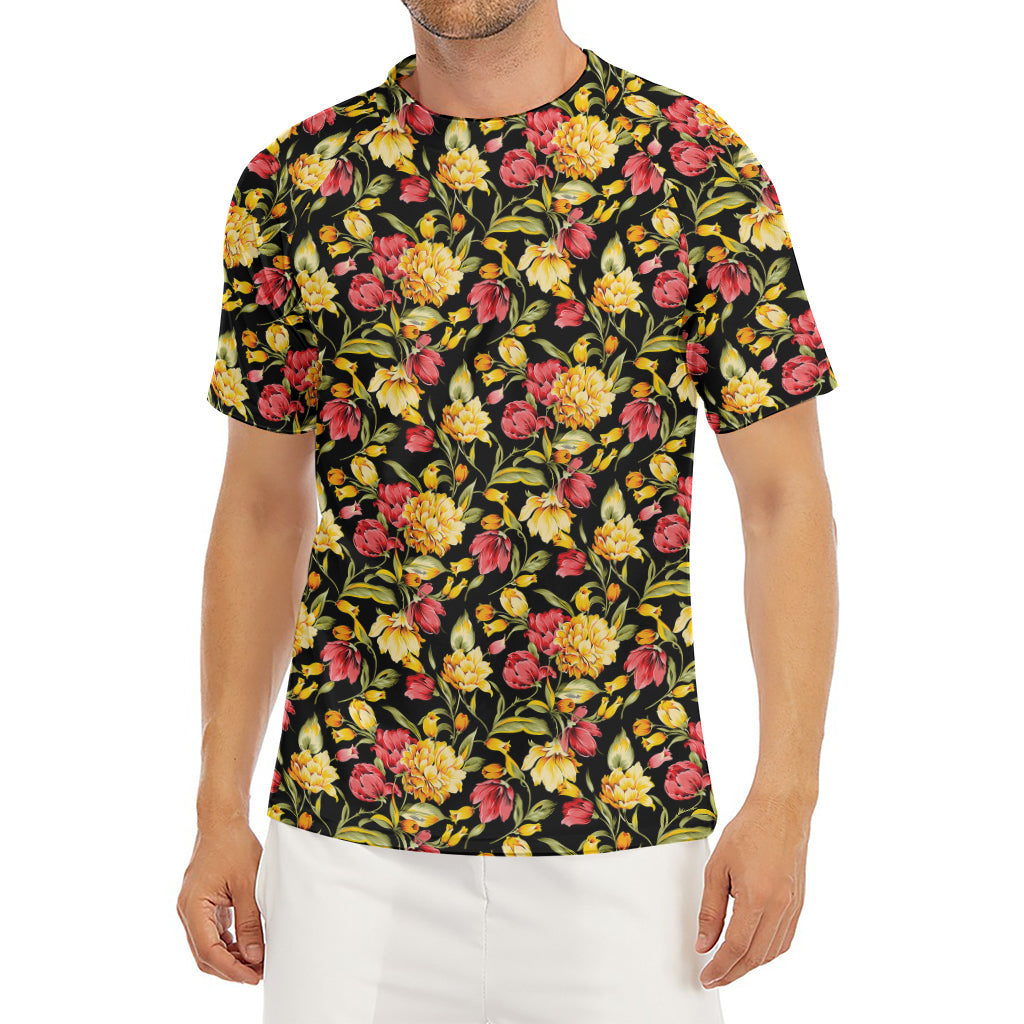 Red And Yellow Flowers Print Men's Short Sleeve Rash Guard