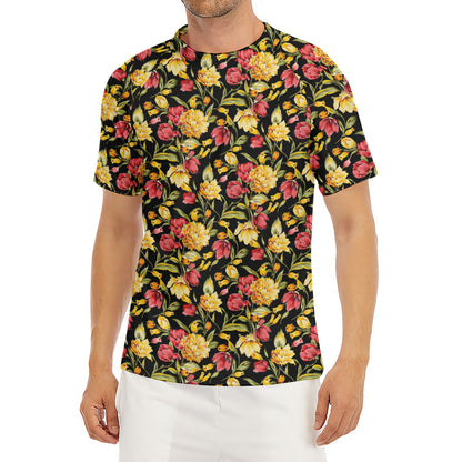 Red And Yellow Flowers Print Men's Short Sleeve Rash Guard