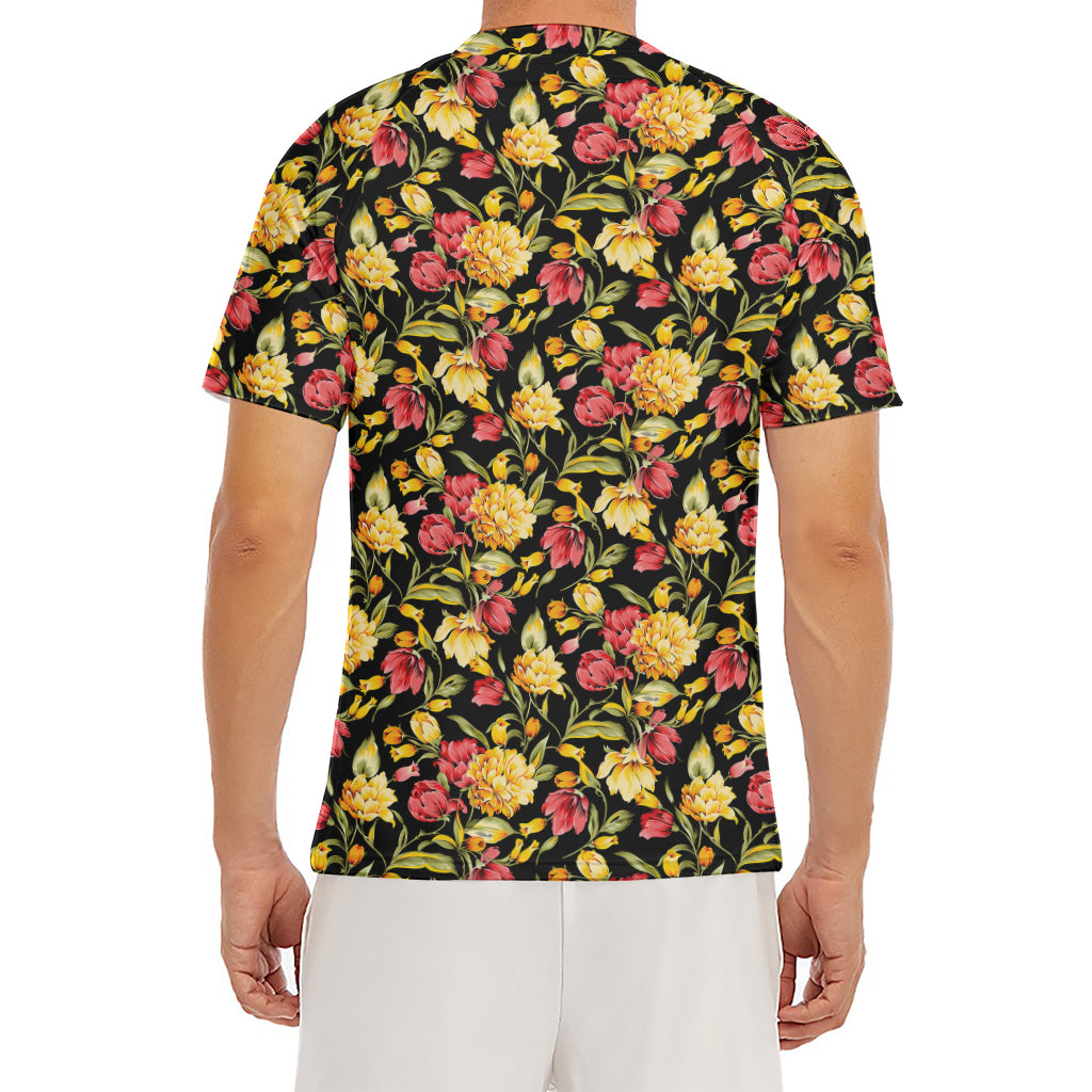 Red And Yellow Flowers Print Men's Short Sleeve Rash Guard