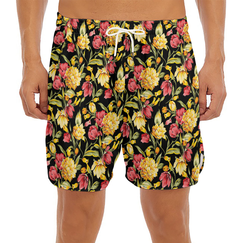 Red And Yellow Flowers Print Men's Split Running Shorts