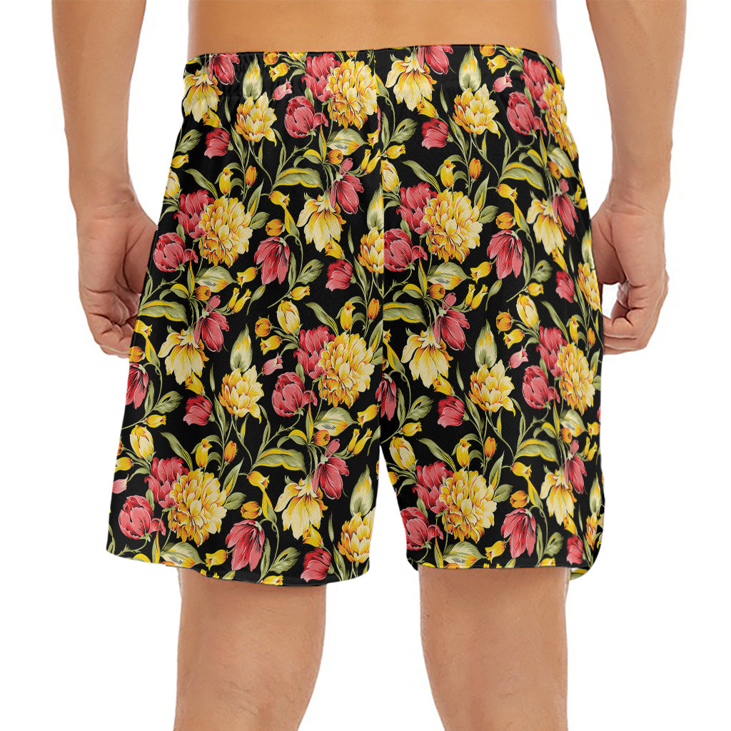 Red And Yellow Flowers Print Men's Split Running Shorts