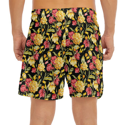 Red And Yellow Flowers Print Men's Split Running Shorts