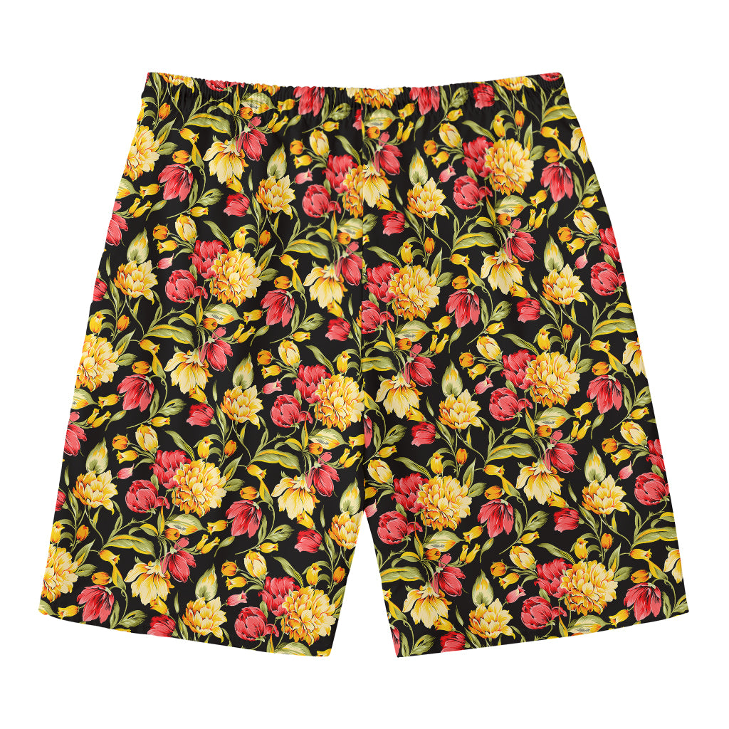 Red And Yellow Flowers Print Men's Swim Trunks
