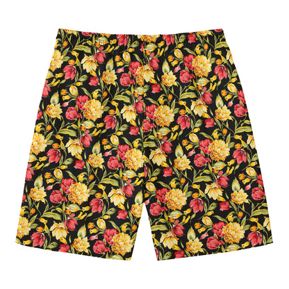 Red And Yellow Flowers Print Men's Swim Trunks