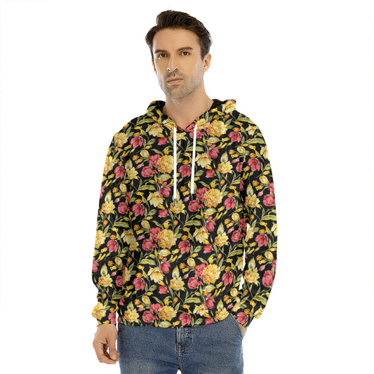 Red And Yellow Flowers Print Men's Velvet Pullover Hoodie