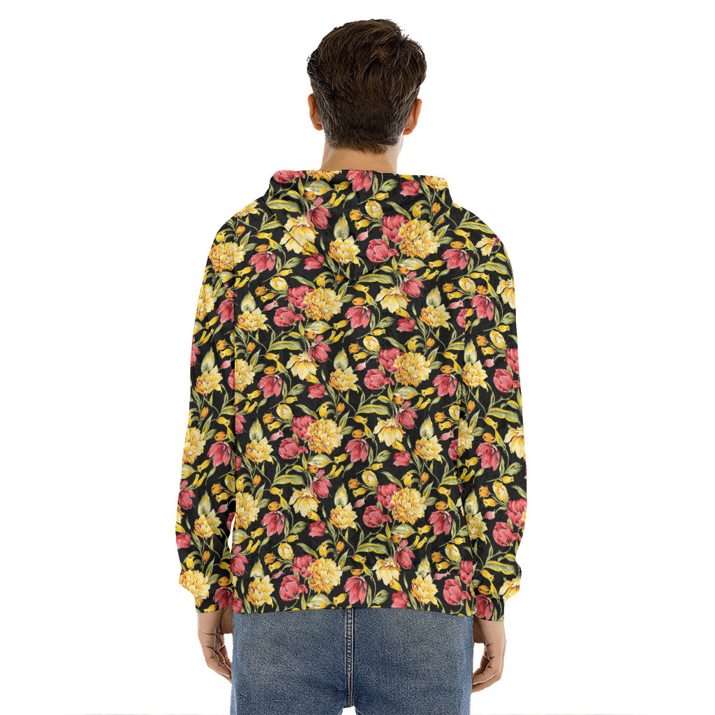 Red And Yellow Flowers Print Men's Velvet Pullover Hoodie
