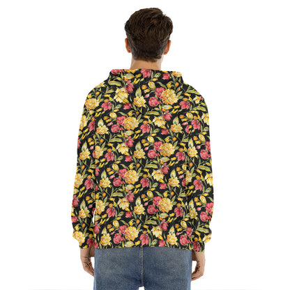 Red And Yellow Flowers Print Men's Velvet Pullover Hoodie