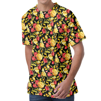 Red And Yellow Flowers Print Men's Velvet T-Shirt